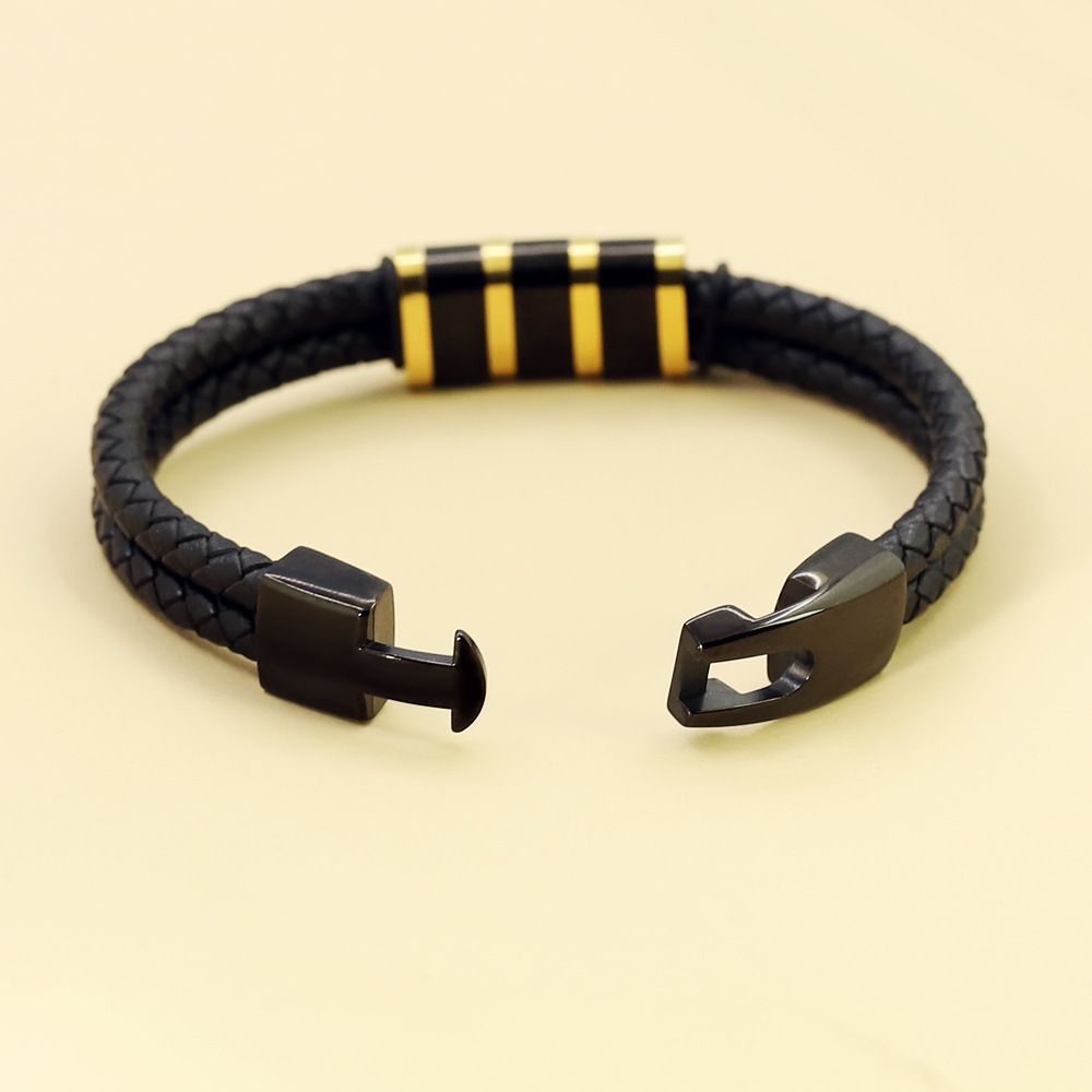 Black Leather Braided Bracelet with Stainless Steel Beads Cnasti Strings and Thangs