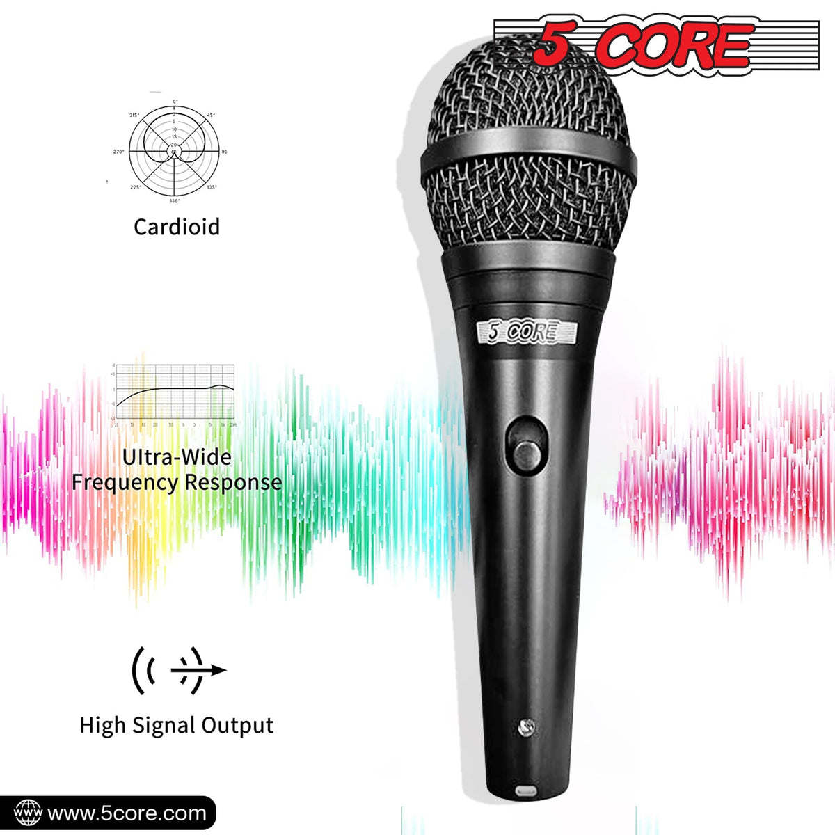 5 Core Microphone Professional Dynamic Vocal Neodymium Cardioid Unidirectional Handheld Mic for Speakers, Karaoke W/Steel Mesh Grille, Metal Body ON/Off Switch 16ft Detachable Cable+Clip+Bag-ND 58 BLK