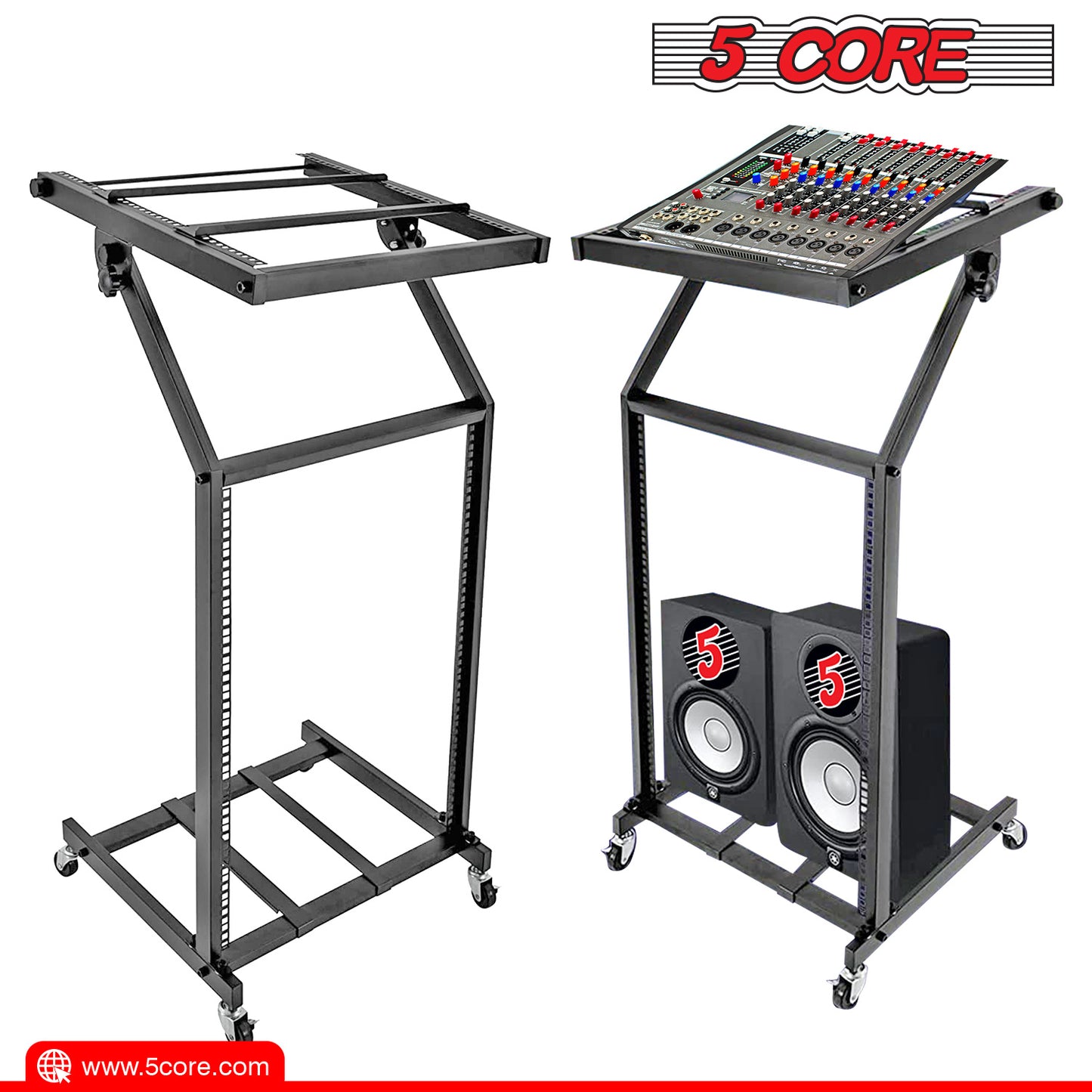 5 Core 16U Professional Rack Mount Stand DJ Mixer Case Studio Equipment Adjustable Stage Cart with Wheels Music Party Show Black RACK STAND 16U