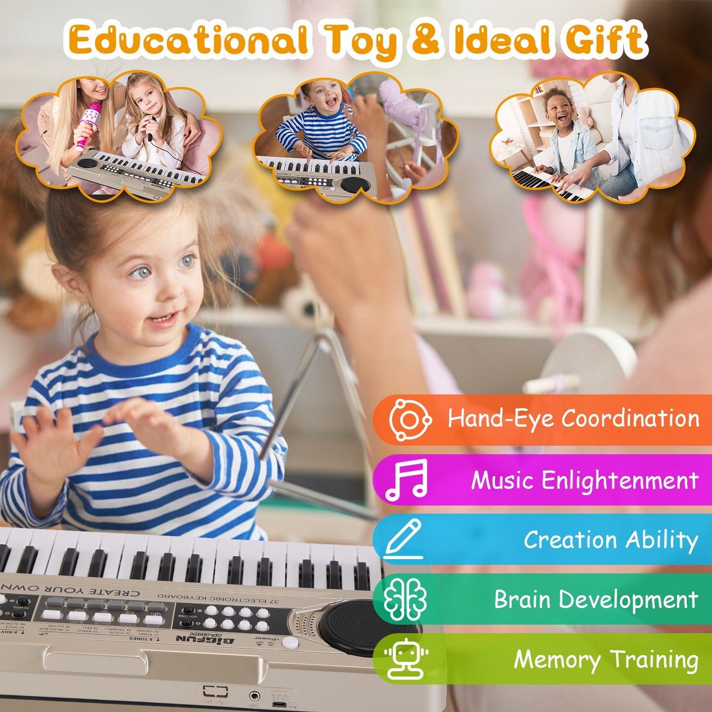 37 Keys Digital Music Electronic Keyboard Electric Piano Musical Instrument Kids Learning Keyboard with Microphone for 3-10 Year Old Kids Girls Boys