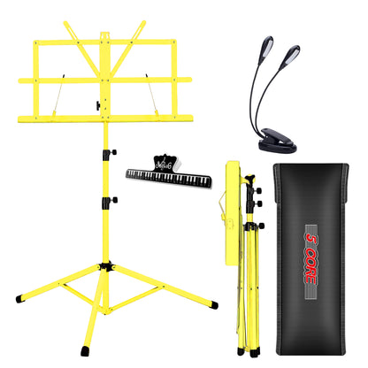 5 Core Music Stand, 2 in 1 Dual-Use Adjustable Folding Sheet Stand Yellow/Metal Build Portable Sheet Holder/Carrying Bag, Music Clip and Stand Light Included - MUS FLD YLW