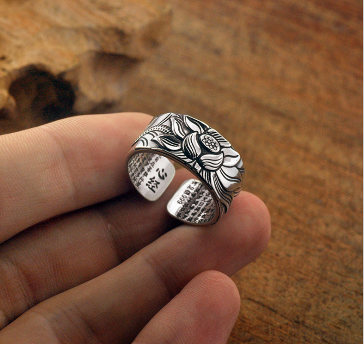 Thai Silver Black Lotus Heart Sutra Ring