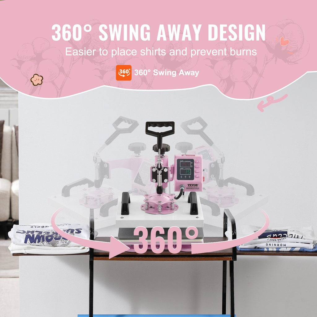 Heat Press Machine 12x10 in 2 in 1 with Hat Press for T-Shirts Caps Pink