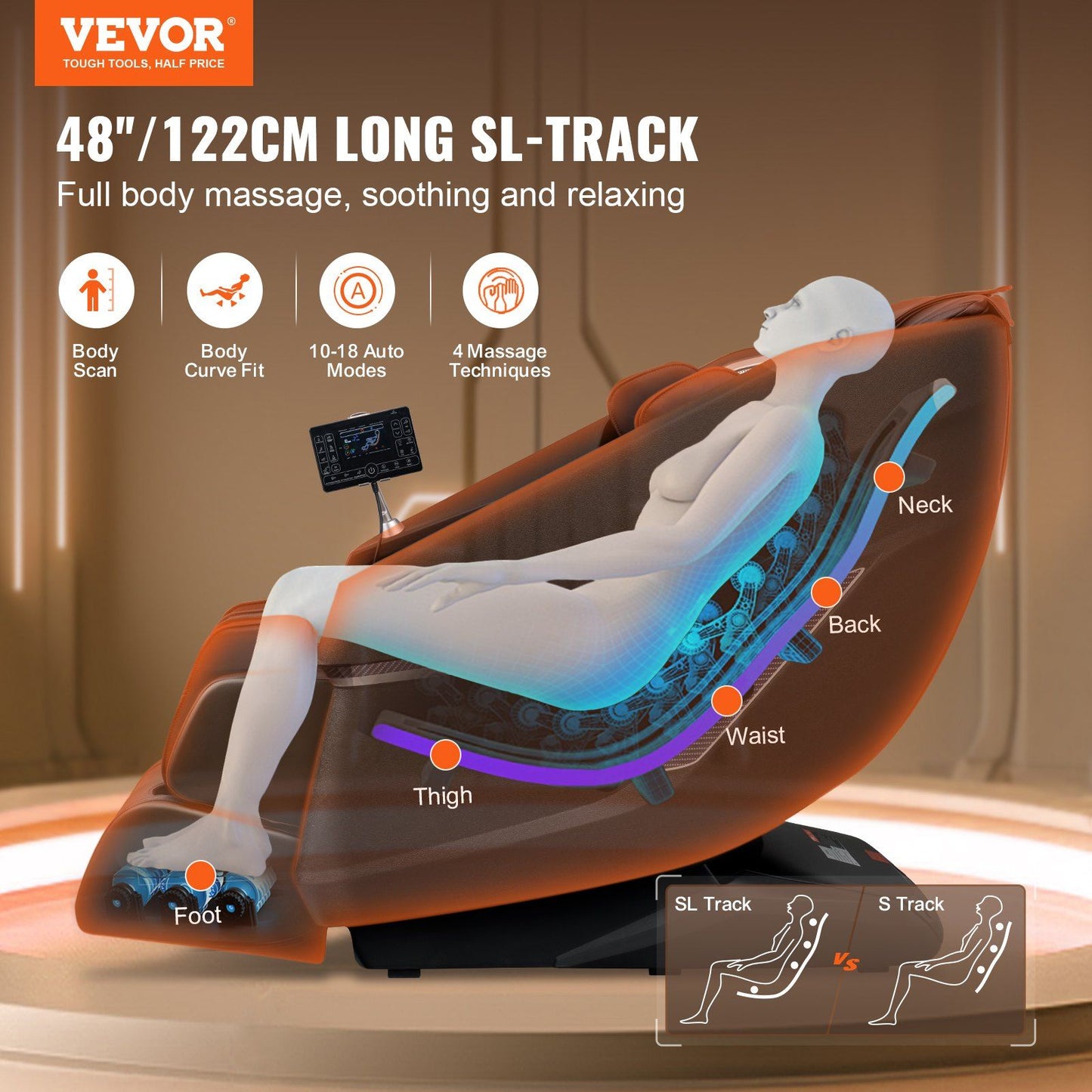 VEVOR Massage Chair with Flexible SL-Track, Full Body Zero Gravity Recliner, 10-18 Auto Modes, 3D Shiatsu, Heating, Bluetooth Speaker, Airbag, Foot Roller, and Touch Screen