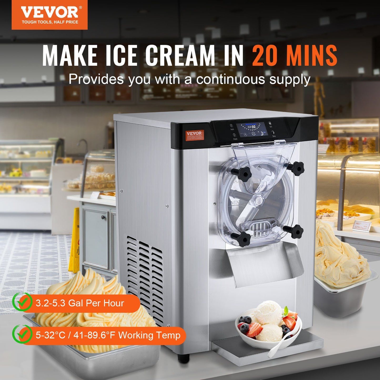 VEVOR Commercial Ice Cream Machine, 12 L/H Yield, 1713W Single Flavor Countertop Hard Serve Ice Cream Maker, 4.5L Stainless Steel Cylinder, LED Panel Auto Clean Pre-cooling, for Restaurant Snack Bars