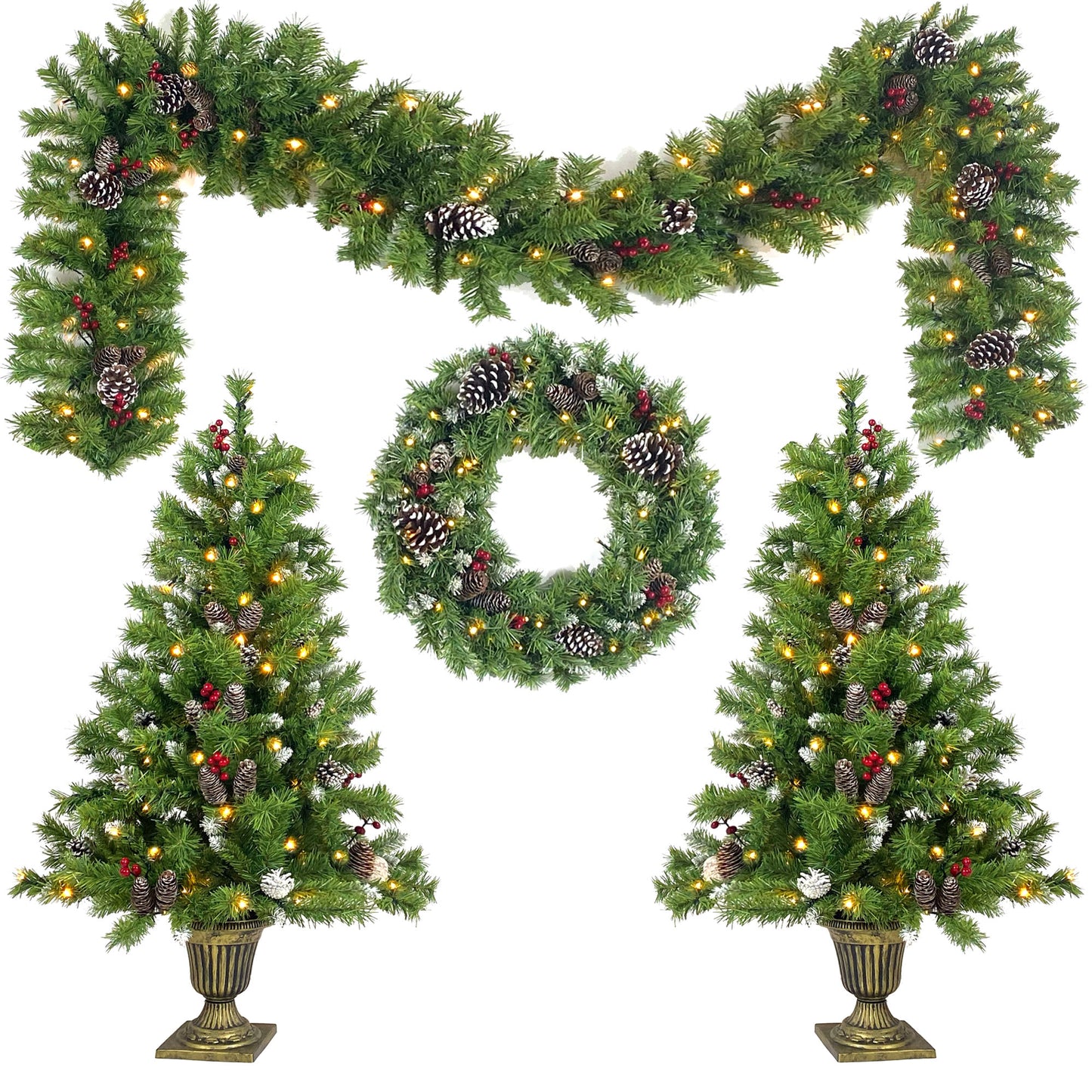 Pre-lit Xmas Tree Artificial Christmas 4-Piece Set,Garland, Wreath and Set of 2 Entrance Trees X-mas