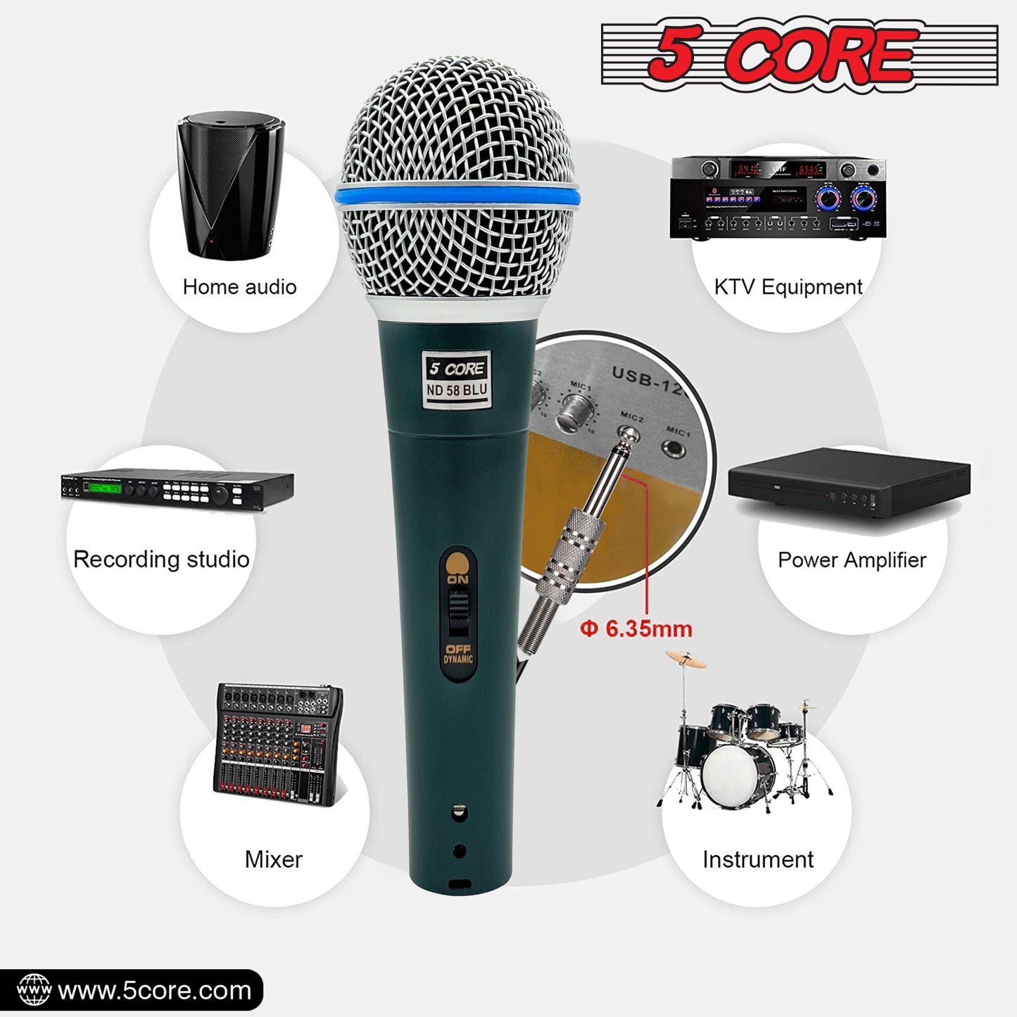 5 Core Professional Dynamic Vocal Microphone Neodymium Cardioid Unidirectional Handheld Mic for Speakers Karaoke W/Steel Mesh Grille Metal Body ON/Off Switch 16ft Detachable Cable+ Clip+Bag- ND58 BLU