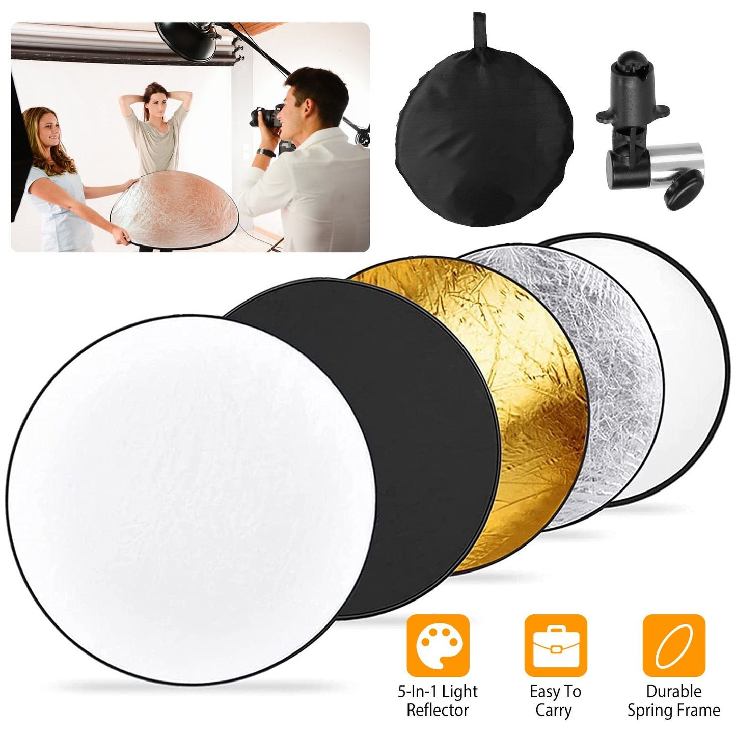 5 In 1 Photography Round Light Reflector Collapsible Multi Disc Light Diffuser w/ Storage Bag Translucent Silver Gold White Black 5 Colors Reflector Disc Holder Clip