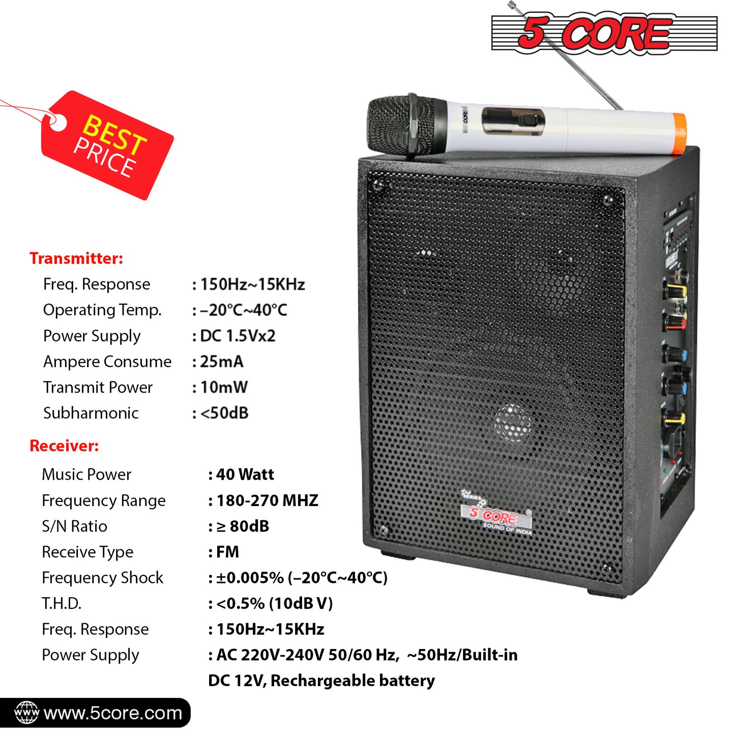 5 Core PA Speaker 40W Portable PA System w Wireless Mic Small Rechargeable Public Speaking Machine -  PDJ-2006BT