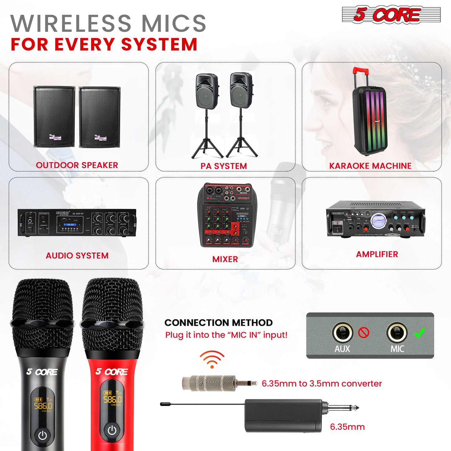 5 Core Wireless Microphones Pair UHF Professional Handheld Microfonos Inalambricos Dual Cordless Mic System for Karaoke Singing Wedding DJ Party Speech Church - WM UHF 02