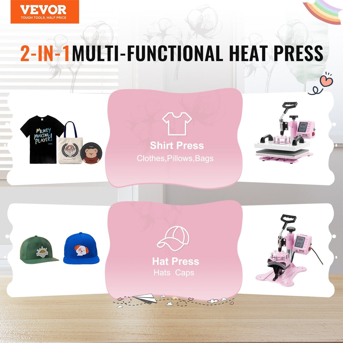 Heat Press Machine 12x10 in 2 in 1 with Hat Press for T-Shirts Caps Pink