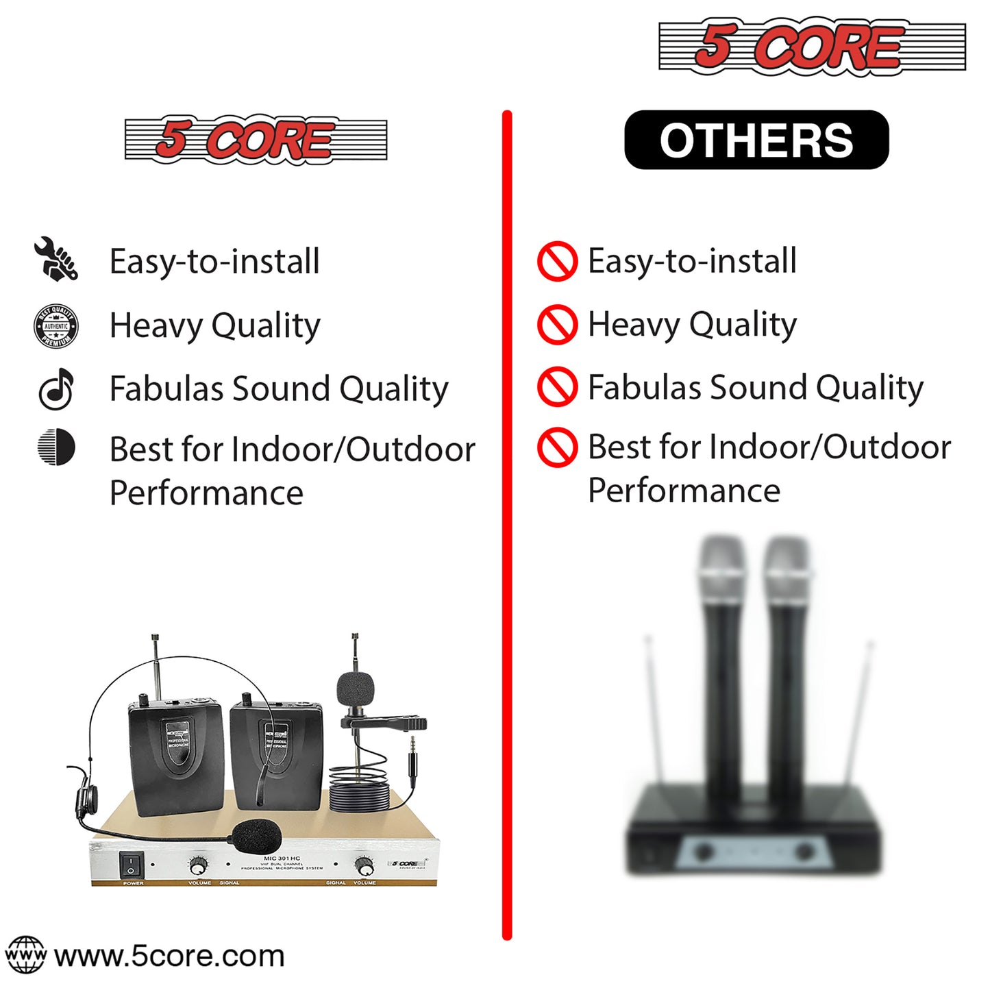 5 Core Wireless Microphone Dual Handheld Mic Cordless Receiver Dj Karaoke Singing Microphones WM 301 HC