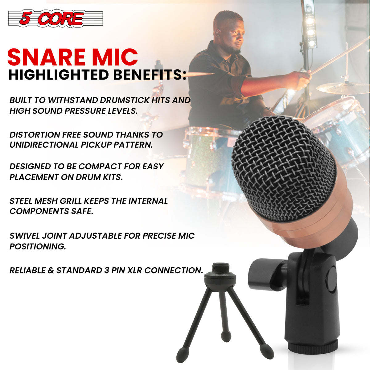 Snare Microphone 1Piece Wired Cardioid Bass Drum Mic Kit High SPL Instrument Microfono w XLR Connection- 5 Core Snare XP COPPEREX