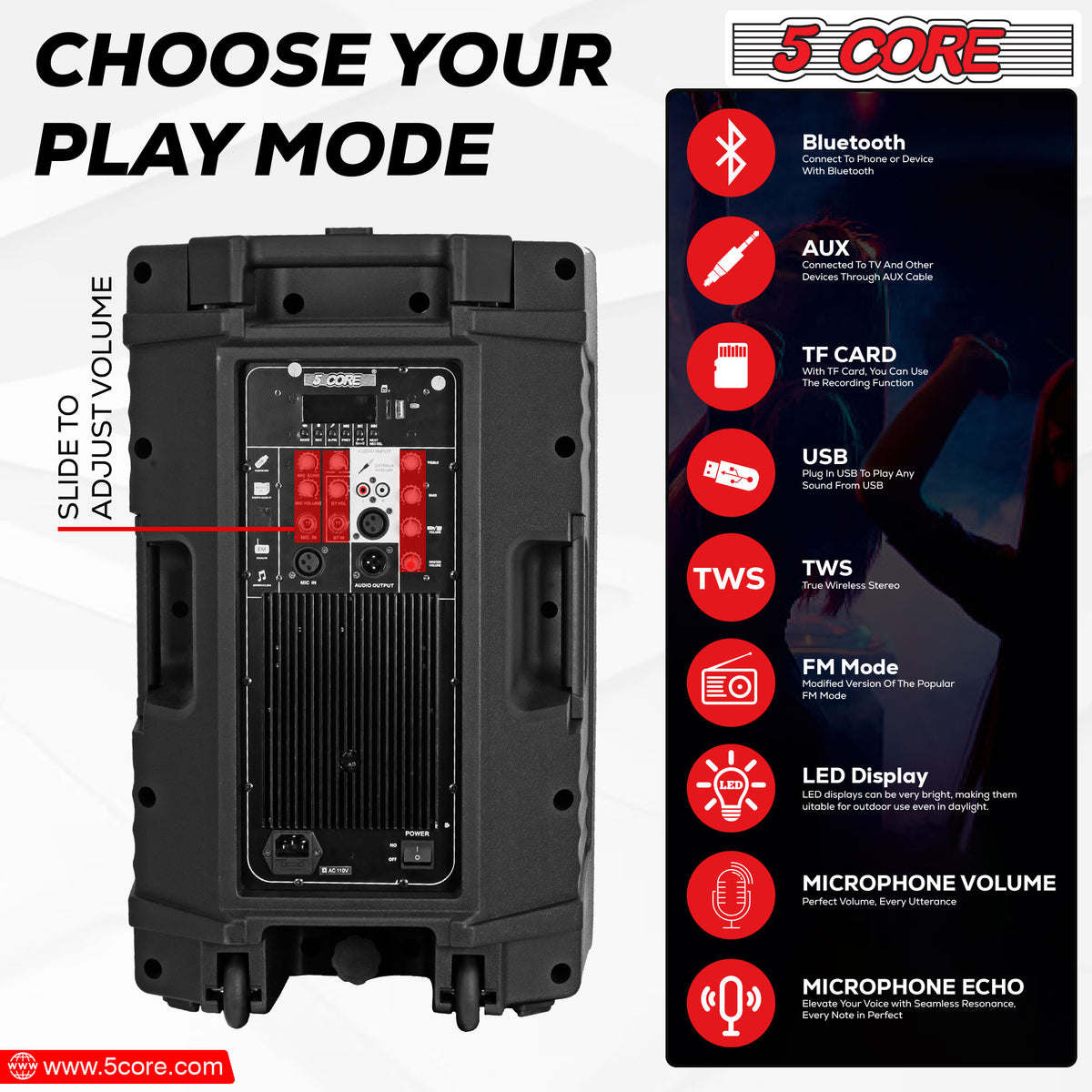 5 Core Karaoke Machine 150W Big Bluetooth PA System Powered DJ Singing Party Speaker w 2 Wireless Microphones Portable Large Professional Outdoor Sound Set For Adults - ACTIVE DJ 12 2-MIC