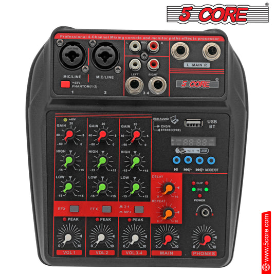 5 Core Audio Mixer Dj Mixer 4 Channel Sound Board w Built-in Effects & Usb Interface Bluetooth Karaoke Podcast Music Mixer MX 4CH