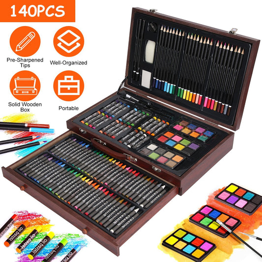 140Pcs Art Supplies With Colored Pencils Oil Pastels Crayons, Watercolor Cakes Brushes Sharpener Eraser In Elegant Wooden Box Professional Art Kit For Kids Adults Beginners Pros