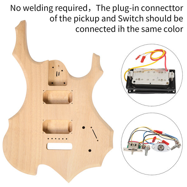 DIY 6 String Flame Shaped Style Electric Guitar Kits with Mahogany Body, Maple Neck and Accessories