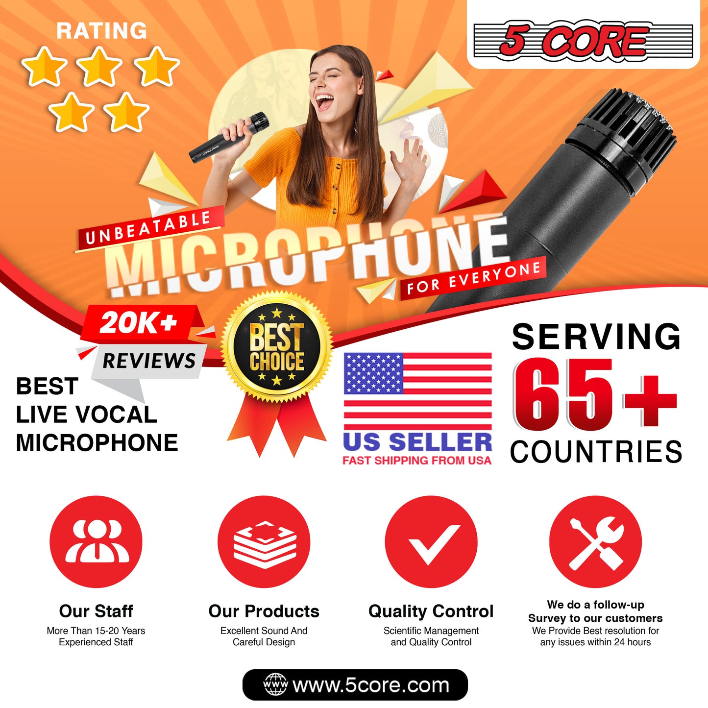 5 CORE Dynamic Instrument Mic - Premium Quality and Versatile Mic for Live Performances, On Stage and Studio Recording - Durable Metal Mic- Cable, Mic Holder and Bag Included- ND-57X