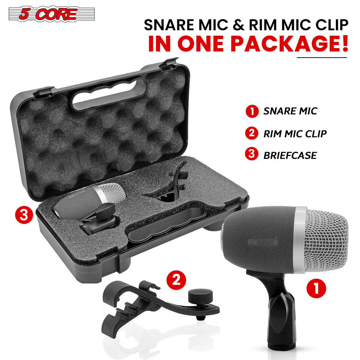 Snare Microphone 1Piece Wired Cardioid Bass Drum Mic Kit High SPL Instrument Microfono w XLR Connection- 5 Core Snare XP