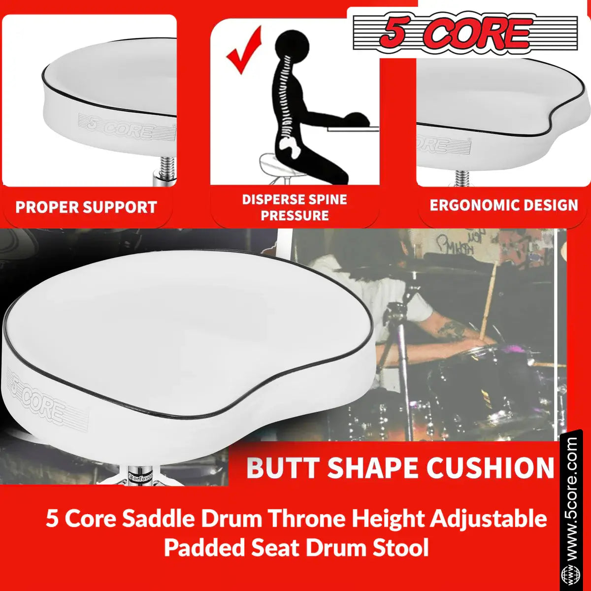 5 Core Drum Throne Saddle White Heavy Duty Height Adjustable Padded Comfortable Drum Stool Seat Chair Style with Double Braced Anti-Slip Feet & Two Drumsticks for Adults Drummers - DS CH WH SDL HD