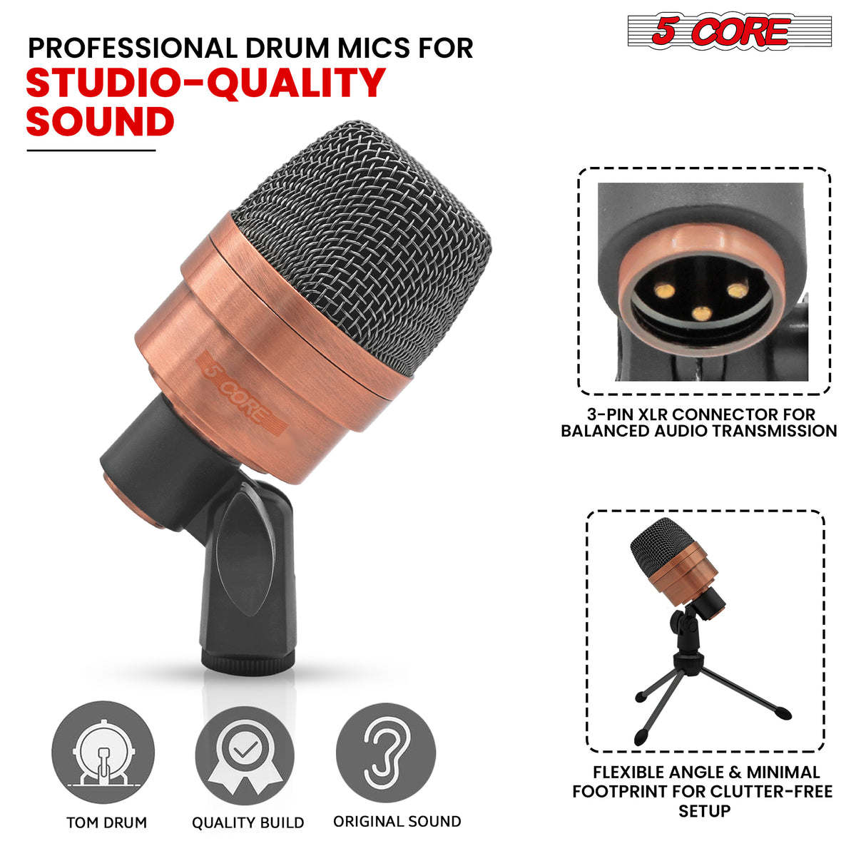 Tabla Mic High Sensitivity Snare Tom Instrument Microphone with Dynamic Moving Coil Uni-Directional Pick Up Pattern Swivel Mount Durable Steel Mesh Grille - 5 Core TABLA MIC 2XP COPPEREX