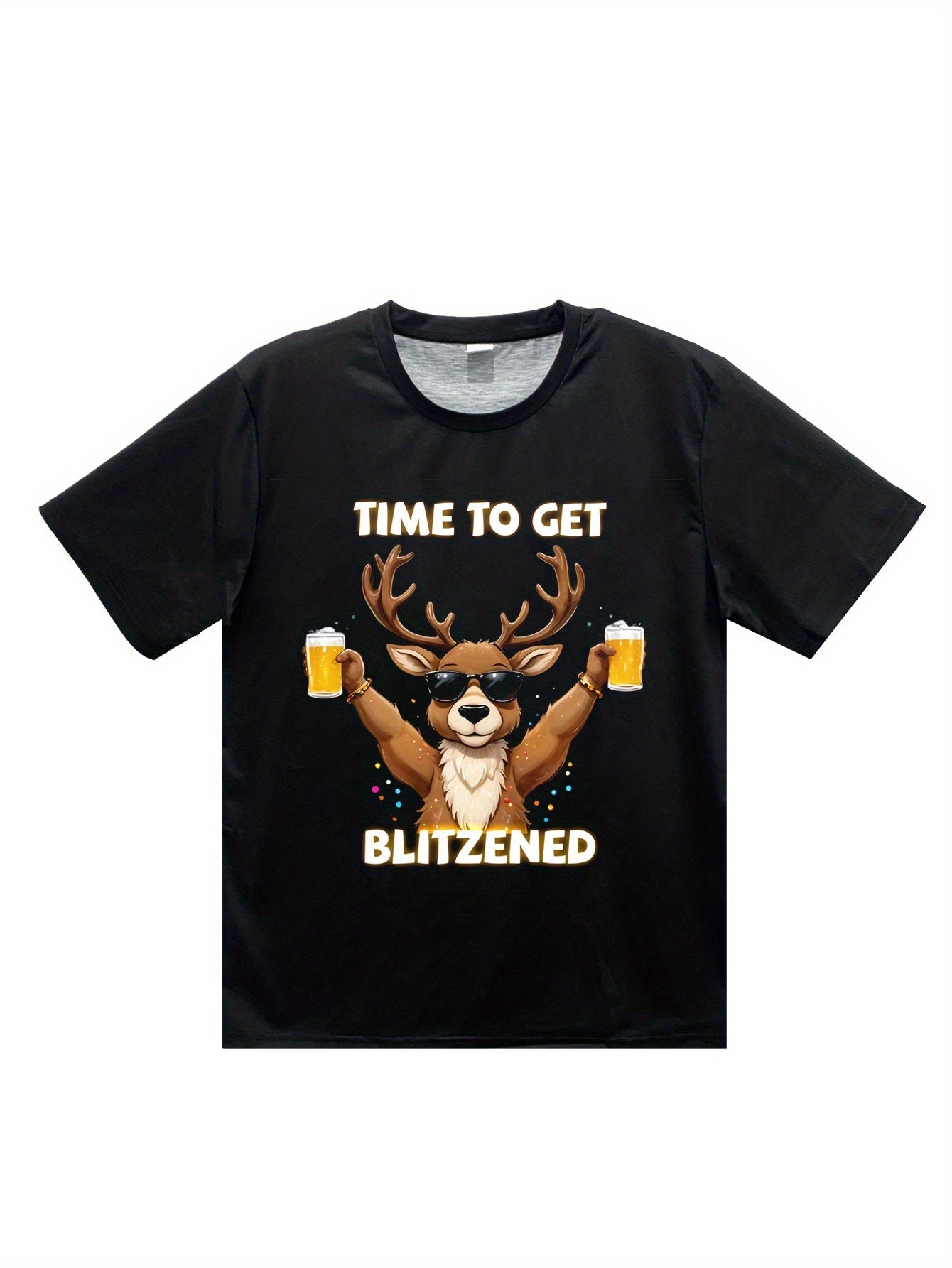 Men's Christmas Deer And Beer 3D Printed T-shirt - Casual Round Neck Short Sleeve, Breathable Polyester Fiber Summer Top