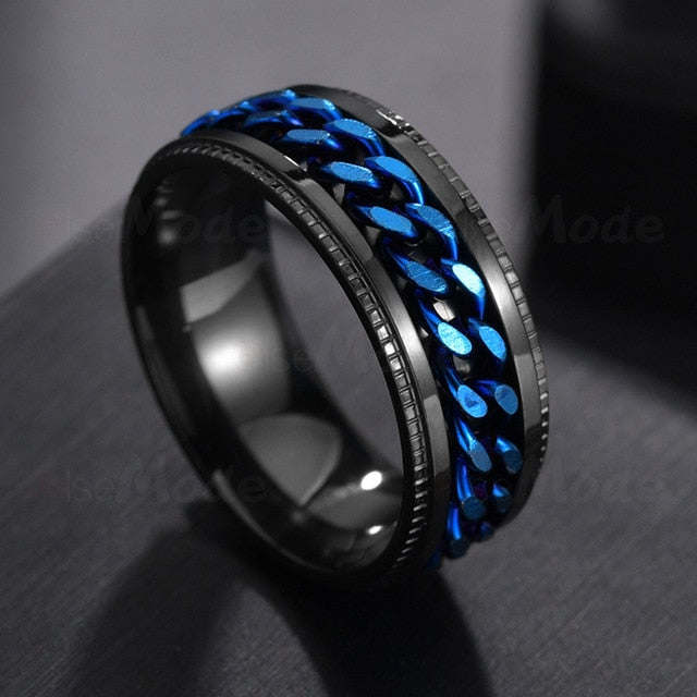 Mens Stainless Steel Rotatable Chain Style Black Ring