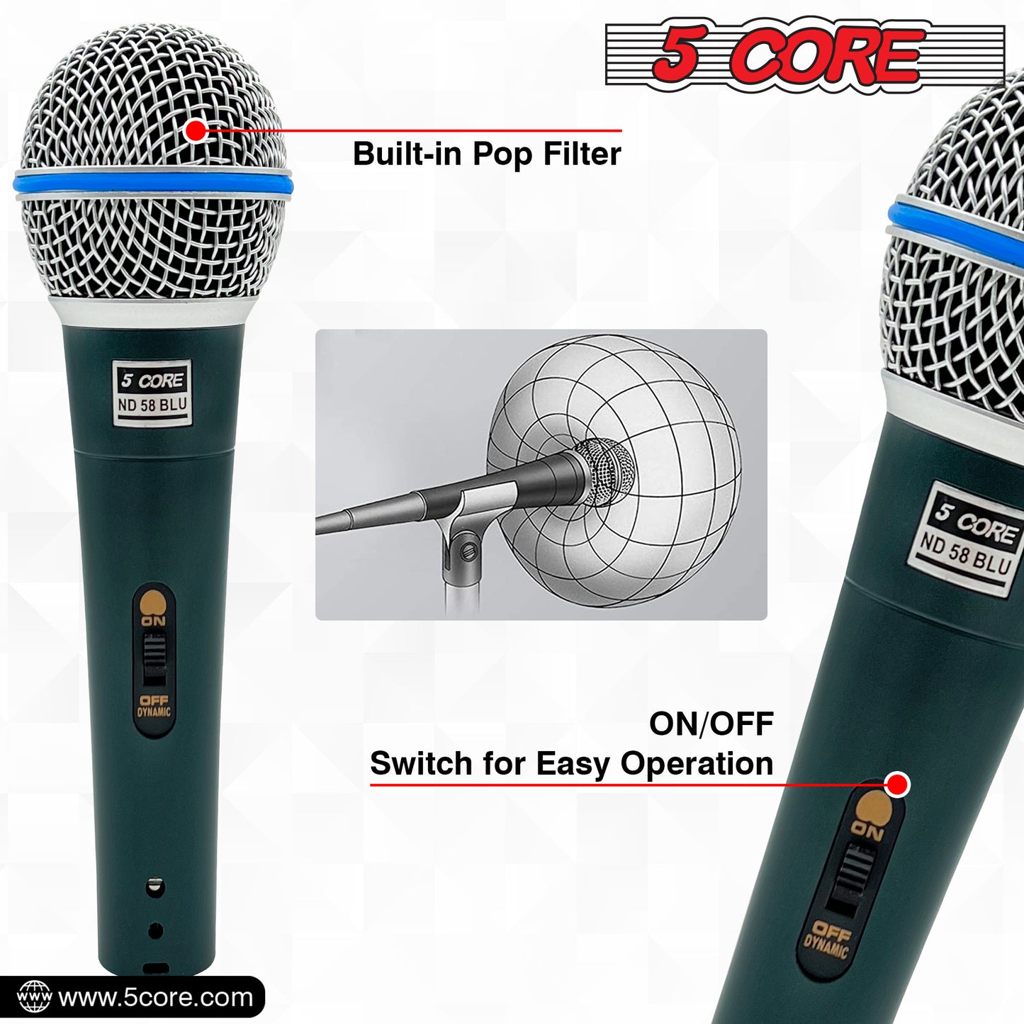 5 Core Professional Dynamic Vocal Microphone Neodymium Cardioid Unidirectional Handheld Mic for Speakers Karaoke W/Steel Mesh Grille Metal Body ON/Off Switch 16ft Detachable Cable+ Clip+Bag- ND58 BLU