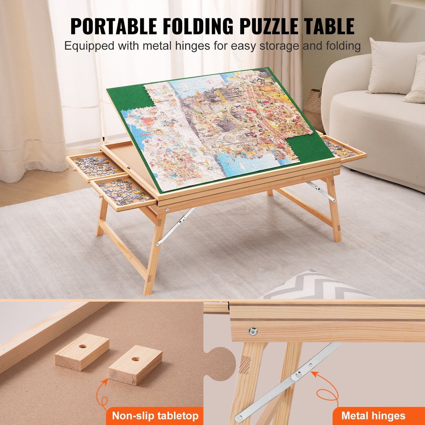 VEVOR 1500 Piece Puzzle Table with Folding Legs, 4 Drawers and Cover, 32.7"x24.6" Wooden Jigsaw Puzzle Plateau