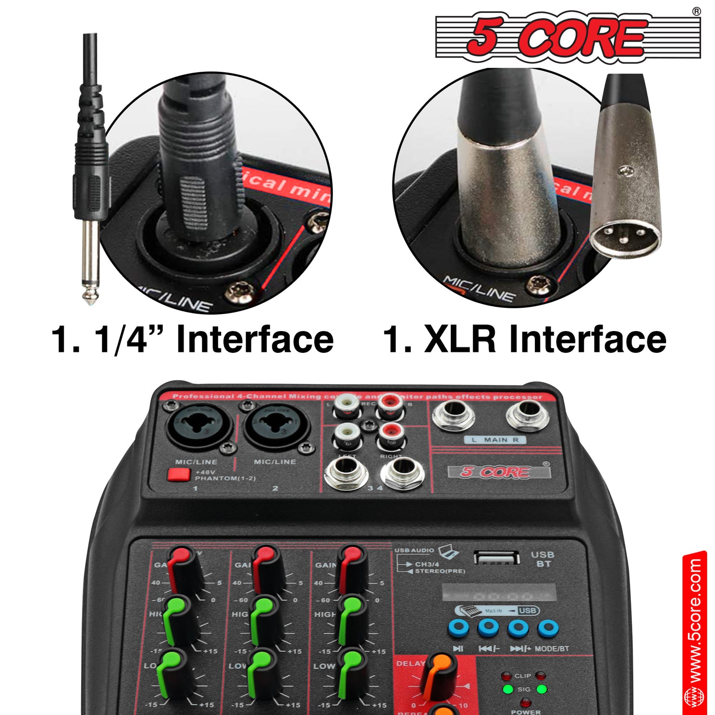 5 Core Audio Mixer Dj Mixer 4 Channel Sound Board w Built-in Effects & Usb Interface Bluetooth Karaoke Podcast Music Mixer MX 4CH