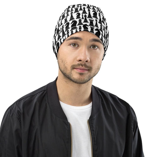 Beanie Hat - Black/white Chess Graphic - Men/women