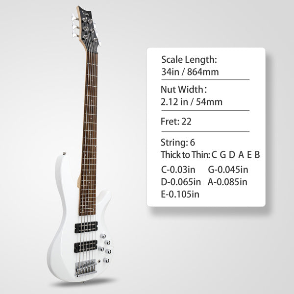 Glarry 44 Inch GIB 6 String H-H Pickup Laurel Wood Fingerboard Electric Bass Guitar with Bag and other Accessories White