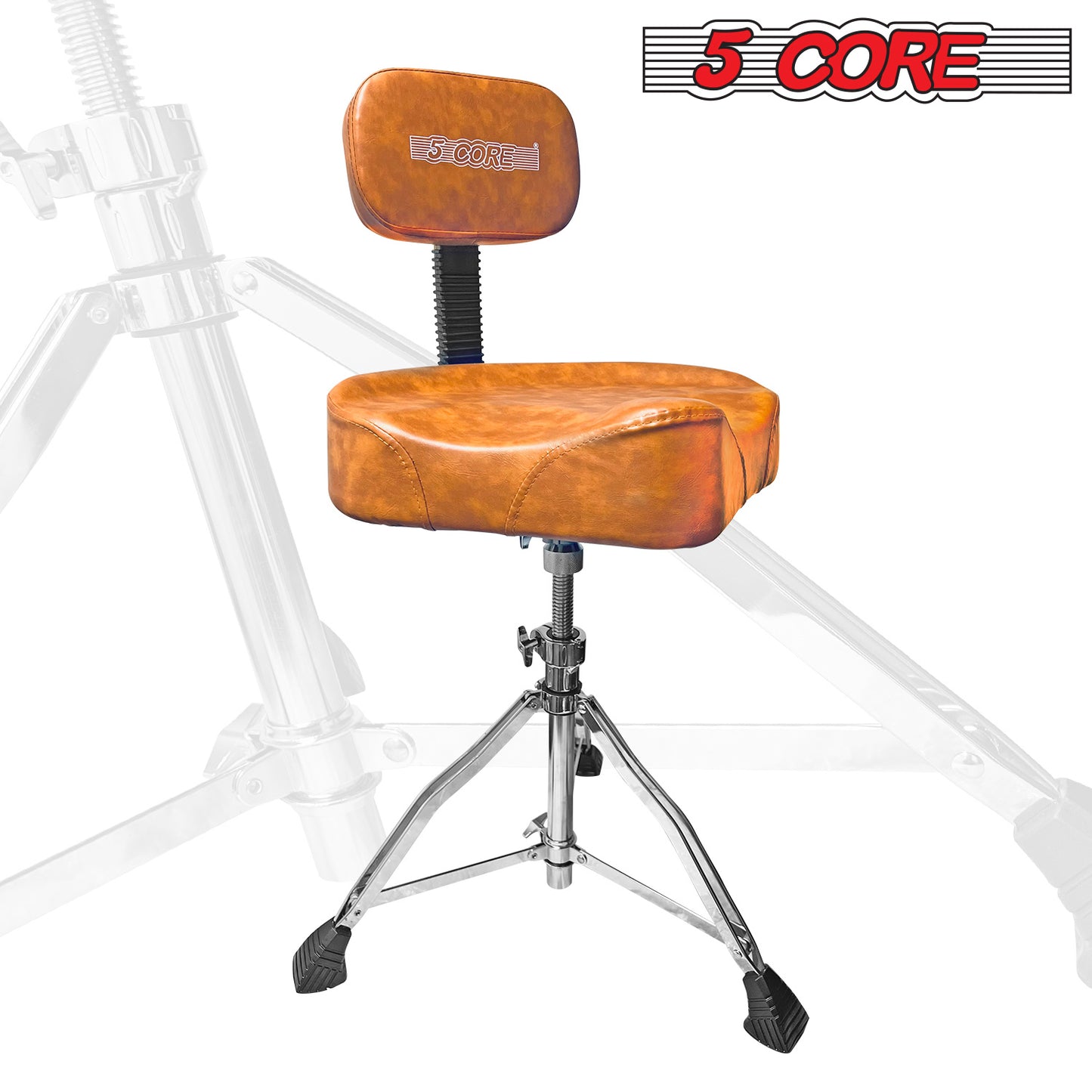 5 CORE Drum Throne with Backrest Brown Thick Padded Saddle Drum Seat Comfortable Motorcycle Style Drum Chair Stool Height Adjustable Double Braced Tripod Legs for Drummers - DS CH BR REST