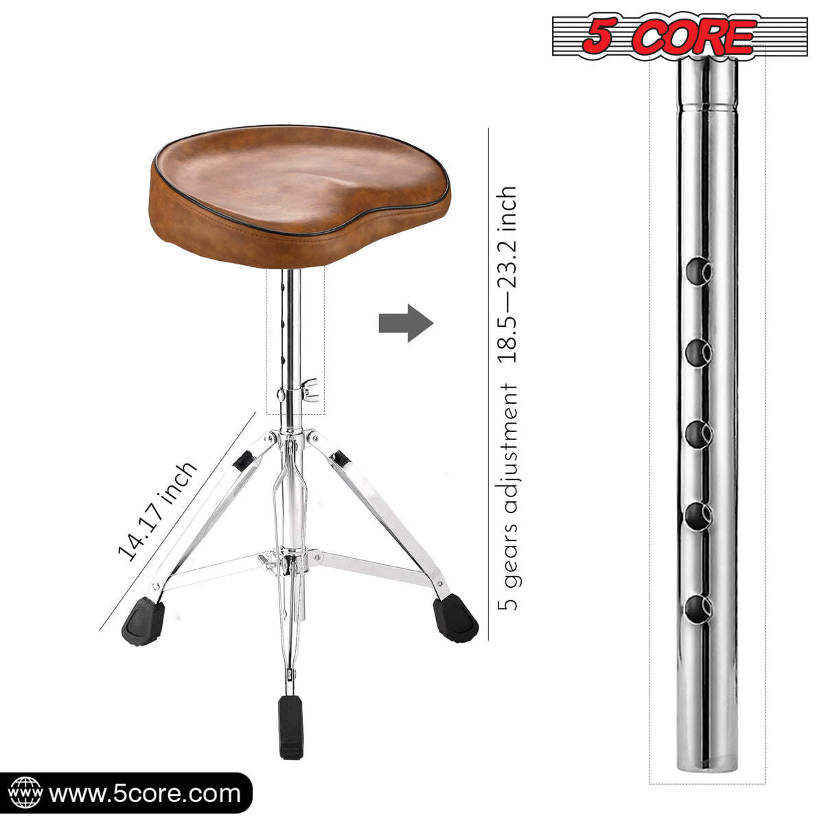 5 Core Drum Throne Saddle Brown| Height Adjustable Padded Drum Seat| Stools Chair Style with Double Braced Anti-Slip Feet, Comfortable Seat for Drummers, Guitar Players- DS CH BR SDL