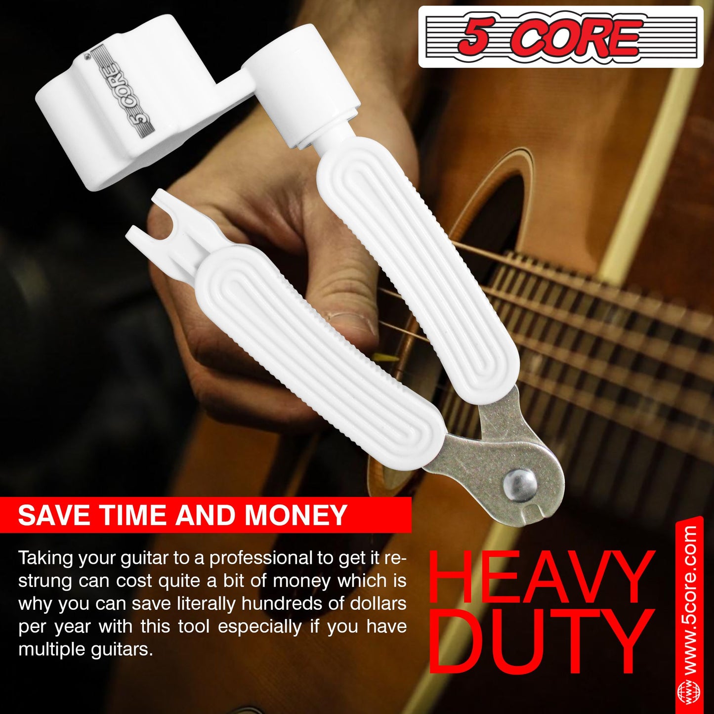 5 Core Guitar String Winder Professional Guitars Tools Peg Winder with Bridge Pin Remover White - GW 1PK WH