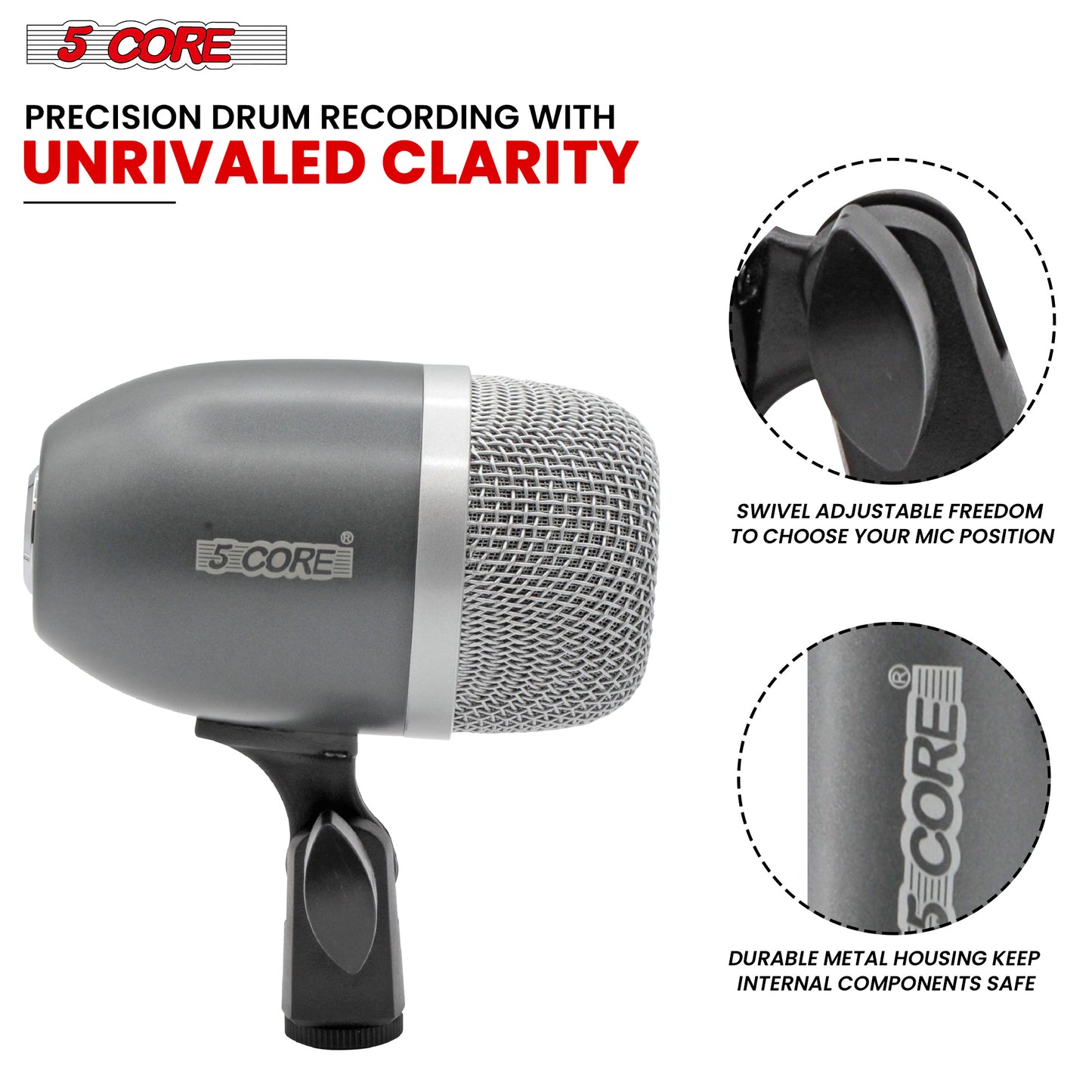 5 Core Drum Mic High Sensitivity Snare Tom Instrument Microphone with Dynamic Moving Coil Uni-Directional Pick Up Pattern Swivel Mount Durable Steel Mesh Grille -Tom MIC