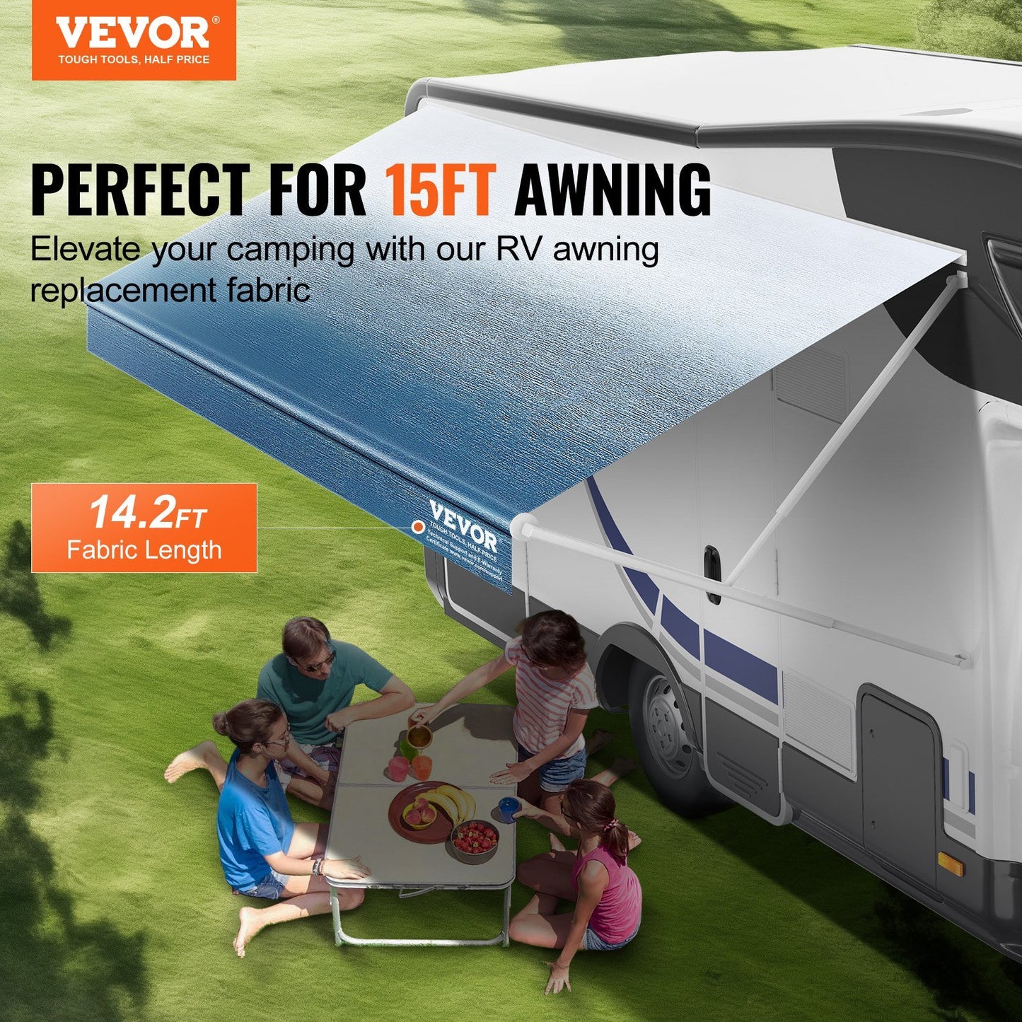 VEVOR RV Awning Fabric Replacement, 14'2" Fabric Length for 15' Awning, Heavy Duty 3-Ply 16oz PVC Camper Awning Fabric, Waterproof & UV Protection Outdoor Canopy for RV, Trailer, Motorhome, Blue Fade