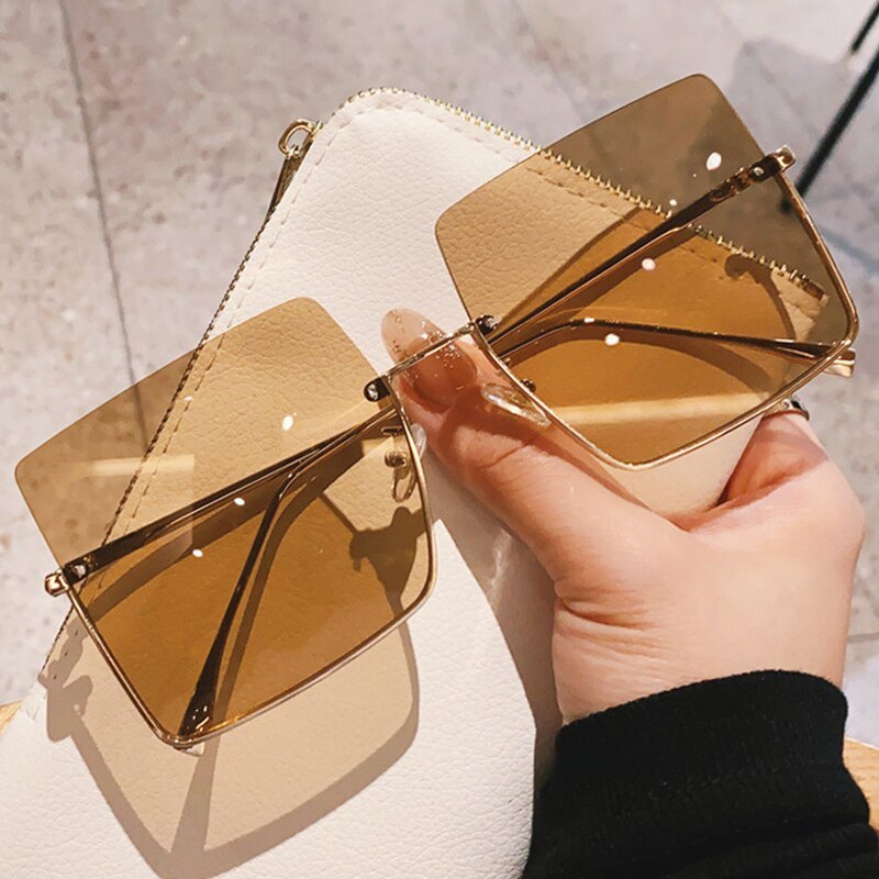 Designer Square Sunglasses Woman Fashion Luxury Oversized Sun Glasses Female Vintage Retro Big Frame Metal Oculos De Sol