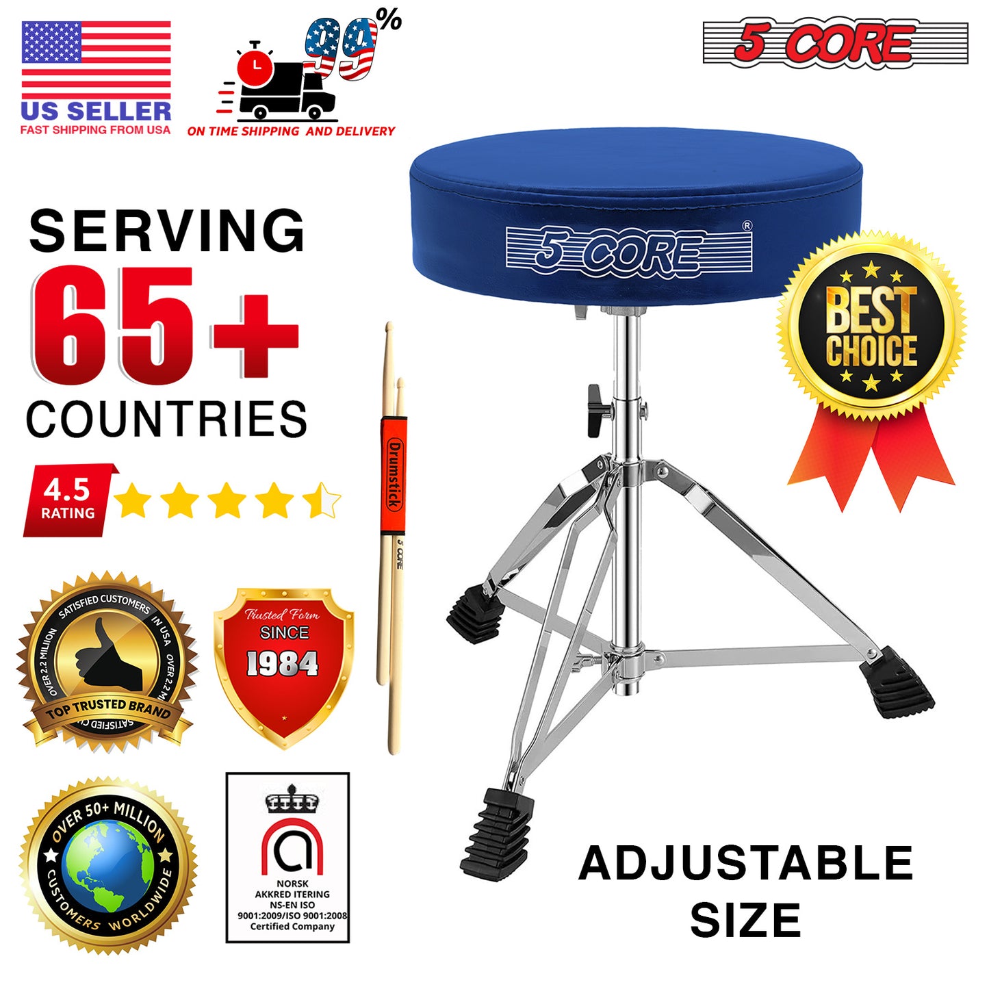 5 CORE Drum Throne Height Adjustable Guitar Stool Thick Padded Memory Foam DJ Chair Seat with Anti Slip Feet Multipurpose Musician Chair for Adults and Kids Drummer Cello Guitar Player - DS CH BLU