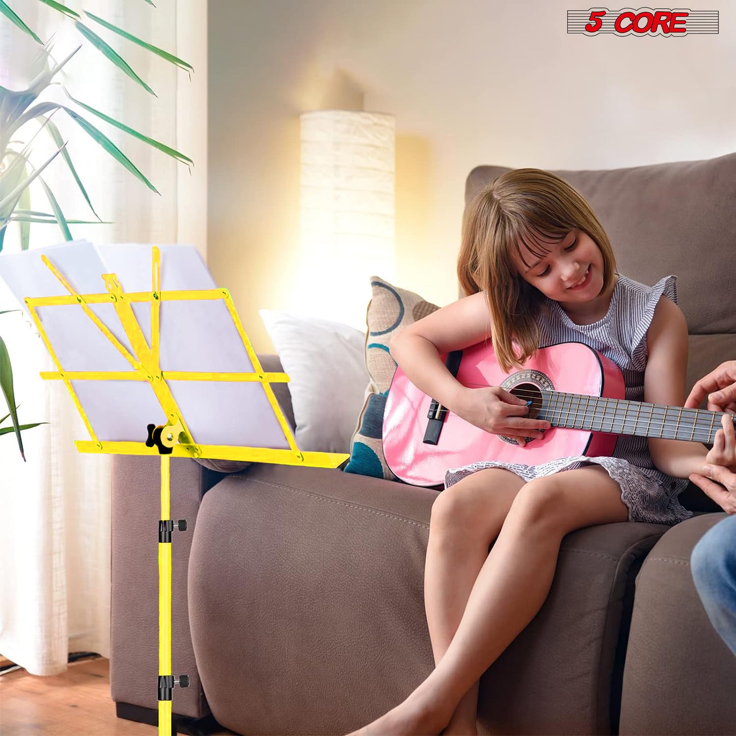 5 Core Music Stand, 2 in 1 Dual-Use Adjustable Folding Sheet Stand Yellow/Metal Build Portable Sheet Holder/Carrying Bag, Music Clip and Stand Light Included - MUS FLD YLW