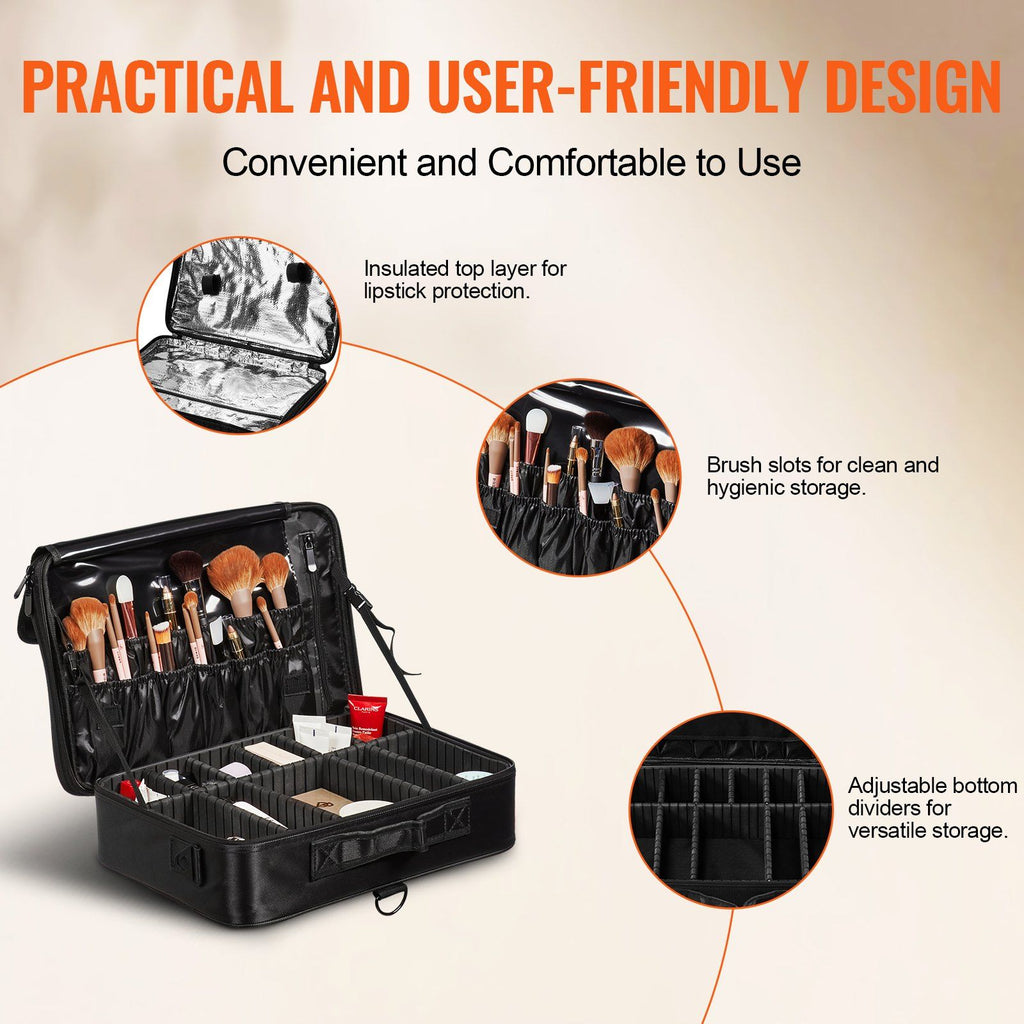 VEVOR Makeup Train Case Large Storage 3 Tiers, Convenient Carry with Handle, Strap, Professional Waterproof