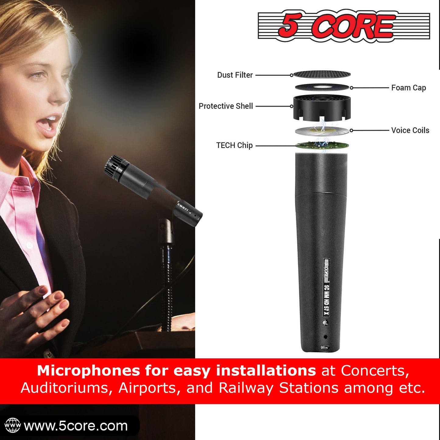 5 CORE Dynamic Instrument Mic - Premium Quality and Versatile Mic for Live Performances, On Stage and Studio Recording - Durable Metal Mic- Cable, Mic Holder and Bag Included- ND-57X