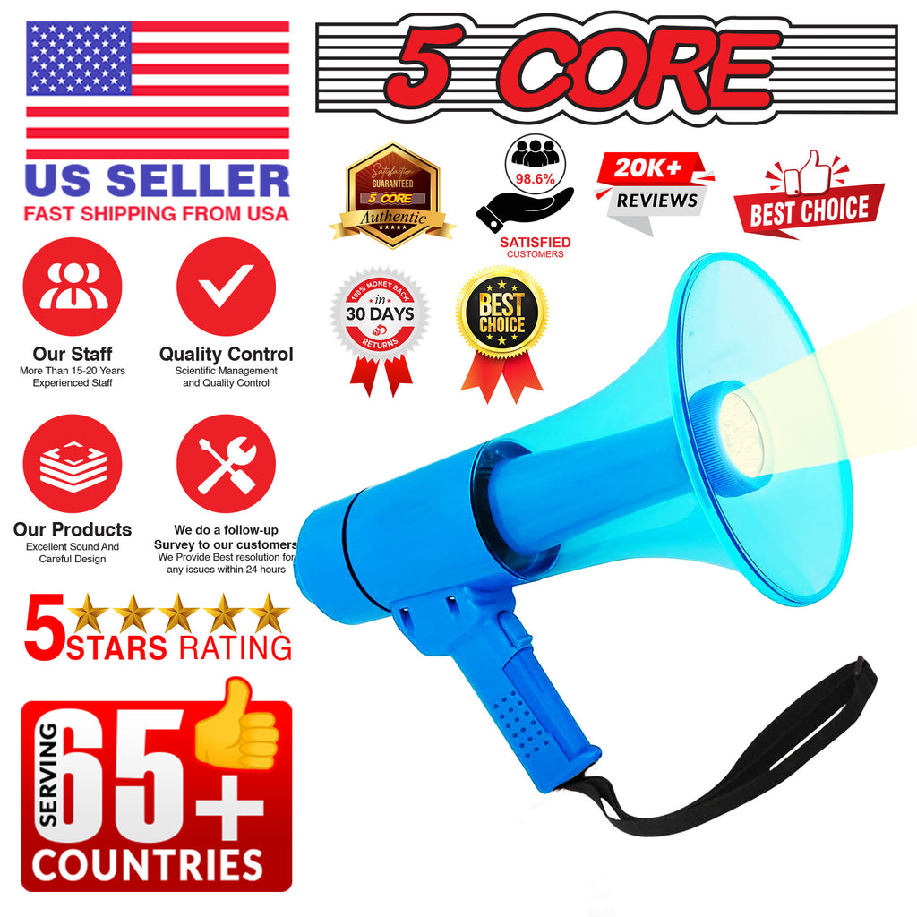 5 CORE 40W Waterproof Megaphone Bullhorn Flashlight PRO Fire Army Grade - Battery + LED Light + Adj Volume + Siren Handheld Lightweight for Water Sports Boat Speaker-HW 18 WP