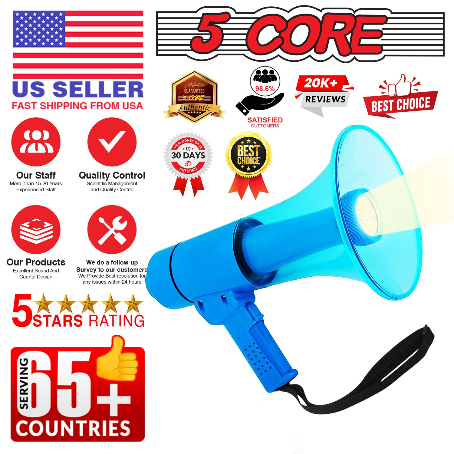 5 CORE 40W Waterproof Megaphone Bullhorn Flashlight PRO Fire Army Grade - Battery + LED Light + Adj Volume + Siren Handheld Lightweight for Water Sports Boat Speaker-HW 18 WP