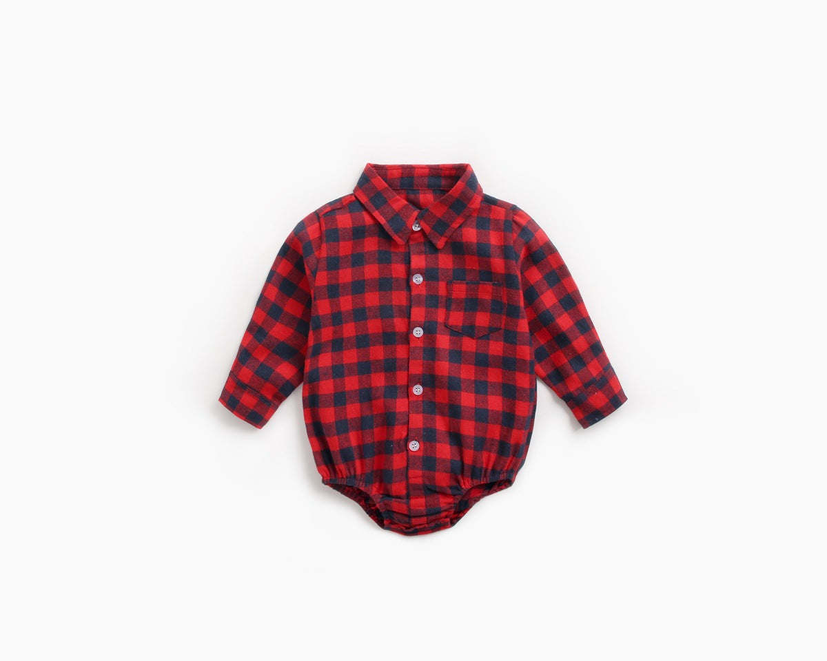 Baby Boy Plaid Pattern Buttoned Shirt With Pockets Long Sleeve Onesies In Autumn