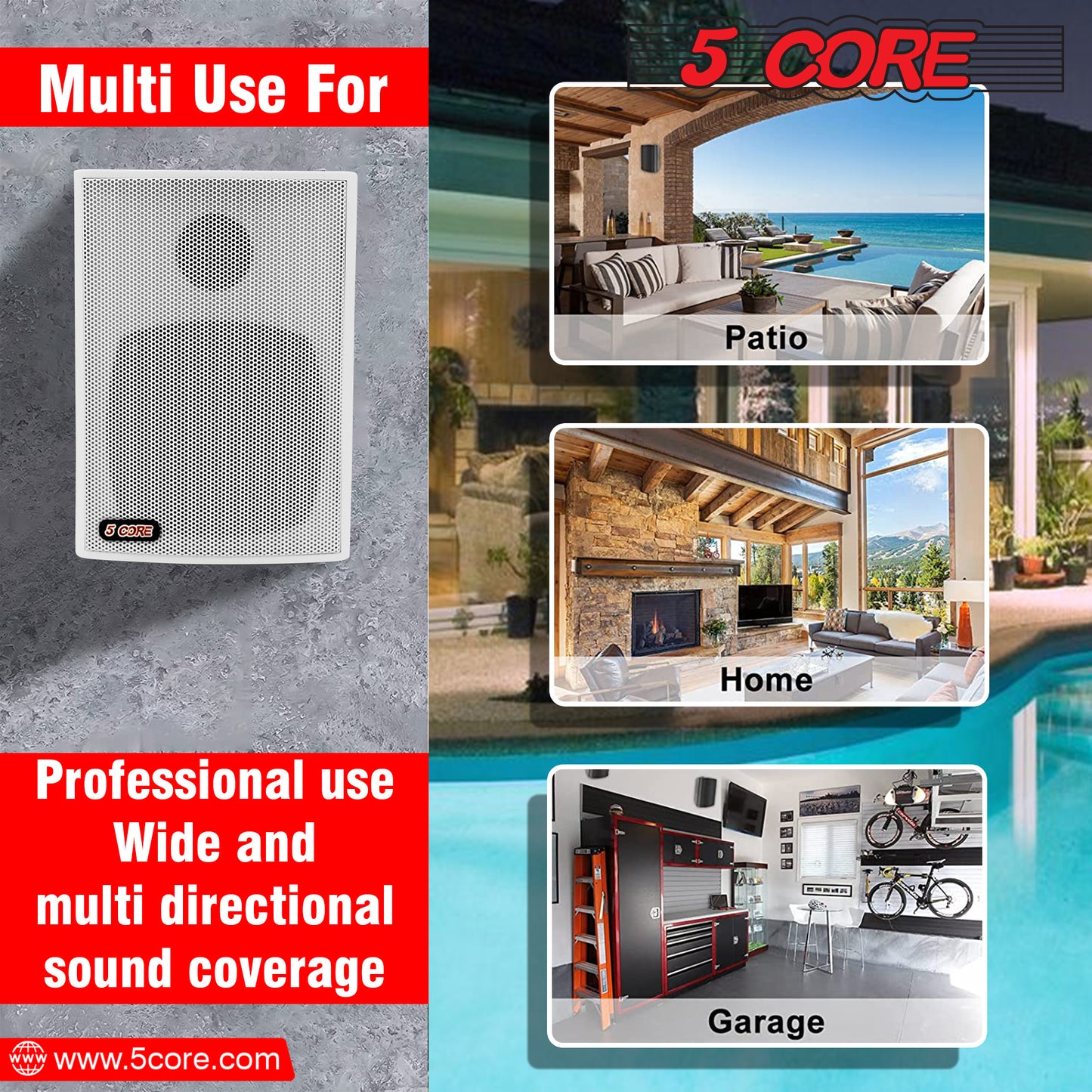 5 Core 4 Inch Outdoor Indoor Speaker 2 Way Pair 20W 8Ω High Performance Powerful Bass with Effortless Wall Mounting Swivel, All Weather Resistance, Stereo Sound for Garage Home White 13T WHT 2PCS