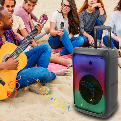 Portable Wireless Party Speaker Party Speaker with with 5 Colorful Lighting Modes TWS FM USB MMC Slot Aux In Recording Mic Priority Trolley Handle 2 Wheels Remote Control