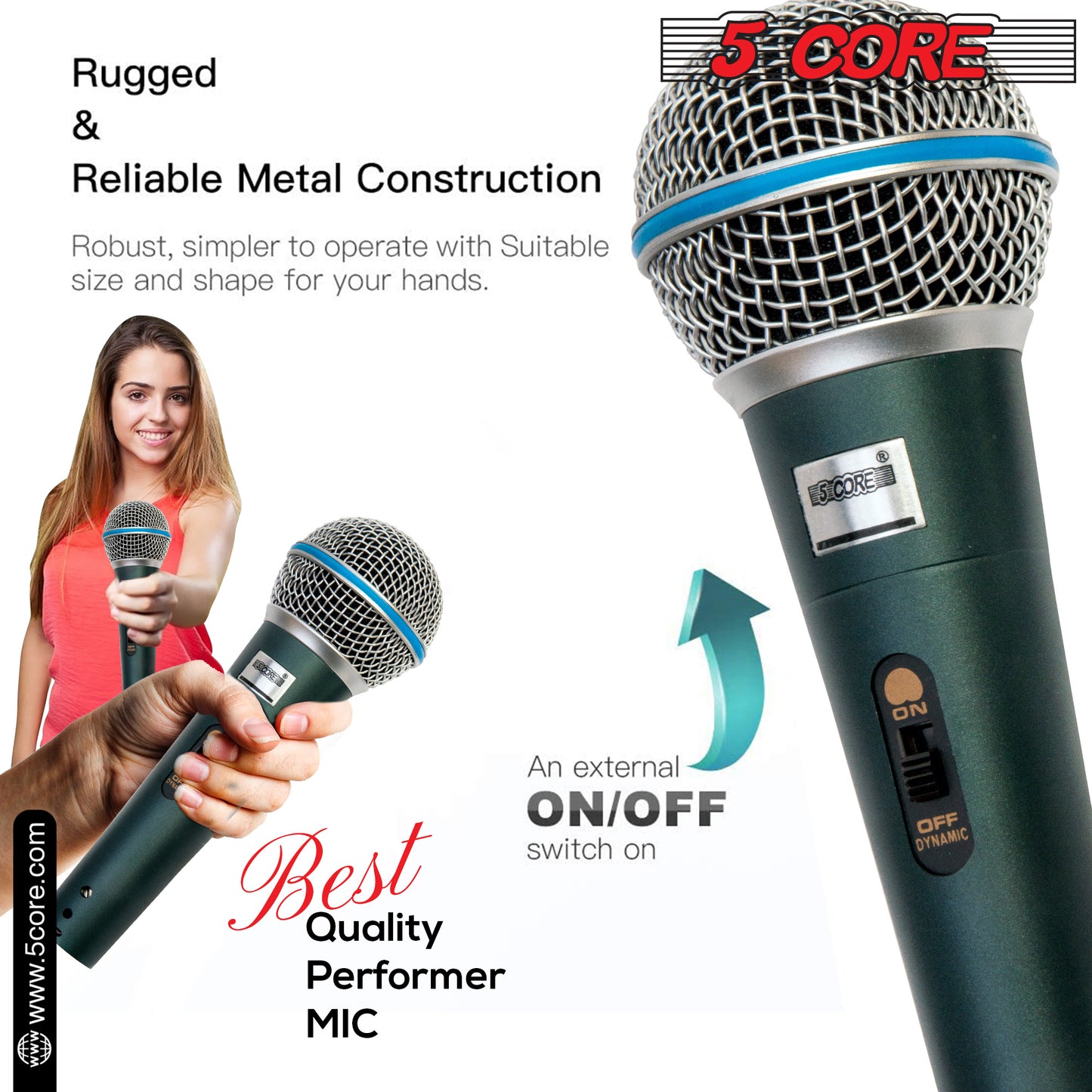 5 Core Premium Handheld Microphone Unidirectional Vocal Dynamic Cardioid Mic with Detachable 10ft XLR Cable Mic Clip Mesh Grille & ON/Off Switch Suited for Speakers Amp Mixers Karaoke Singing- BETA