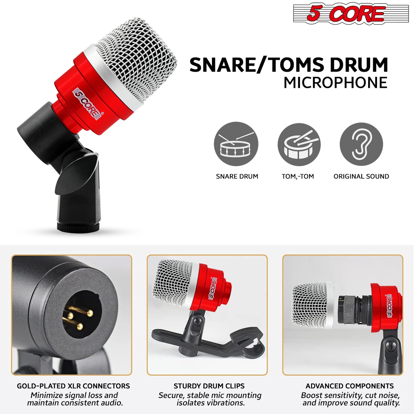 5 Core Drum Microphone Kit 7 Piece Full Metal Dynamic Wired Drums Mic Set for Drummers w Bass Tom Snare + Carrying Case Sponge & Mic Clamp for Vocal & Other Instrument Silver DM 7ACC