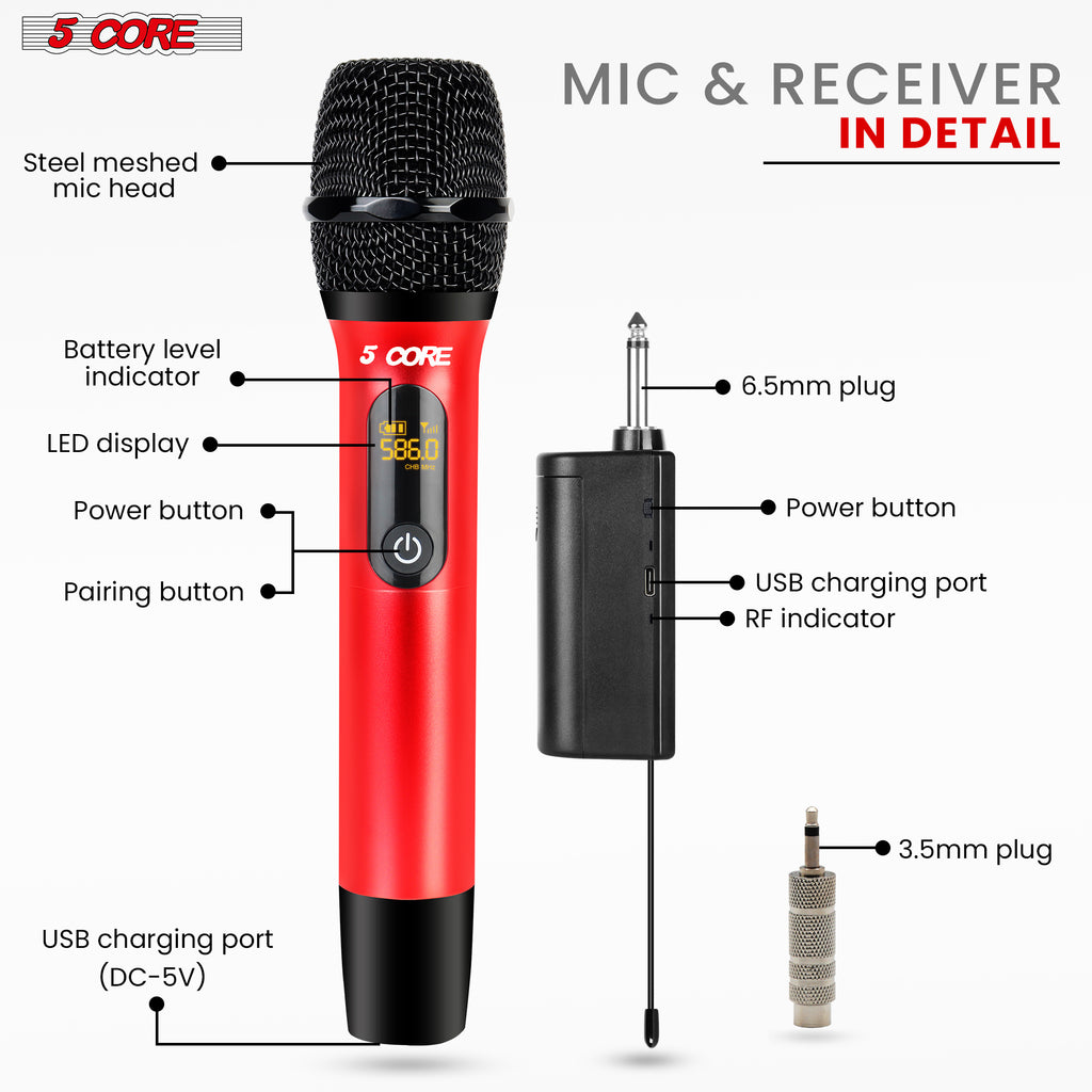 5 Core Wireless Microphones Pair UHF Professional Handheld Microfonos Inalambricos Dual Cordless Mic System for Karaoke Singing Wedding DJ Party Speech Church - WM UHF 02